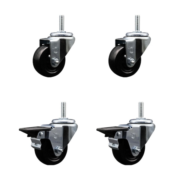 Service Caster 3 Inch Soft Rubber Wheel Swivel 34 Inch Threaded Stem Caster Set 2 Brakes SCC SCC-TS20S314-SRS-34212-2-PLB-2 - main